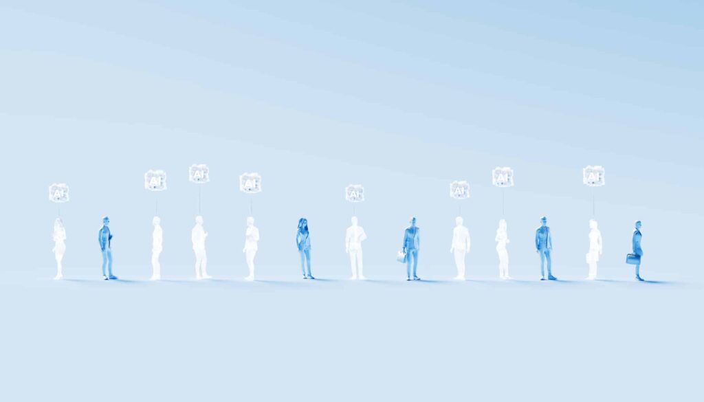 People aligned with AI icons representing the use of artificial intelligence agents in enterprise environments.