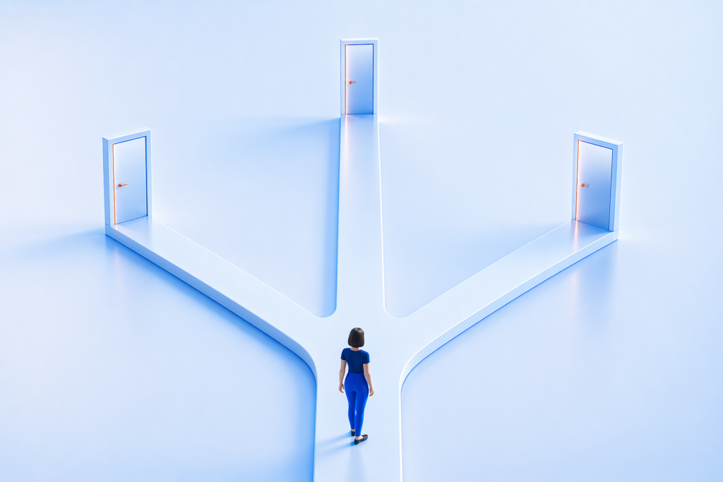 Imagen conceptual de una mujer eligiendo entre tres caminos distintos